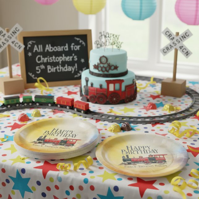  Personalised Vintage Train Happy Birthday  Paper Plate (Personalized Vintage Train Happy Birthday Paper Plates)