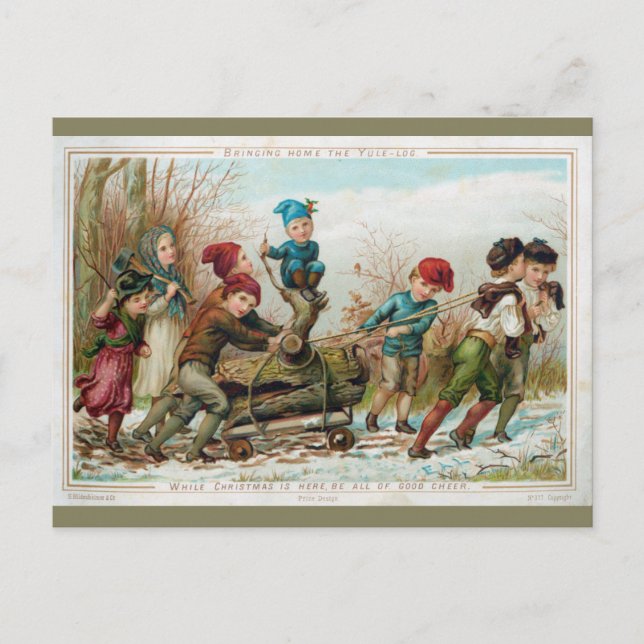 Personalised Vintage Victorian Yule Log Postcard (Front)
