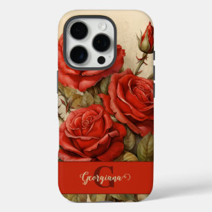 Personalised Vintage Watercolor Floral Red Roses iPhone 16 Pro Case