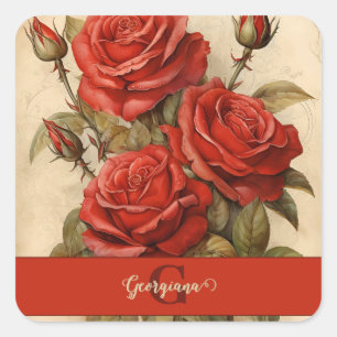 Personalised Vintage Watercolor Floral Red Roses Square Sticker