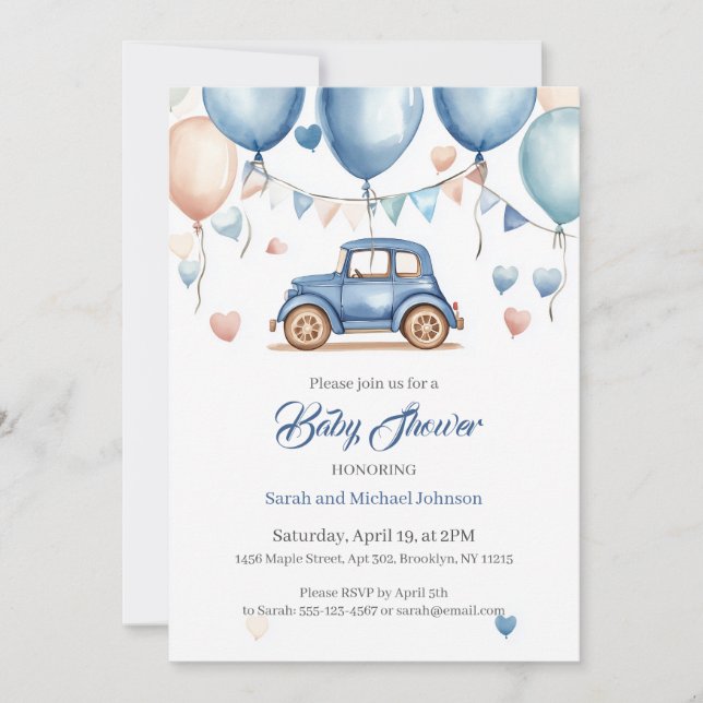 Personalised Vintage Wheels Baby Shower Invitation (Front)