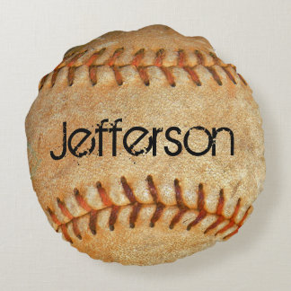Personalised Vintage White Baseball red stitching Round Cushion