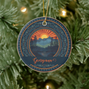 Personalised Vintage Wilderness Sunset Dot Mandala Ceramic Tree Decoration