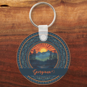 Personalised Vintage Wilderness Sunset Dot Mandala Key Ring