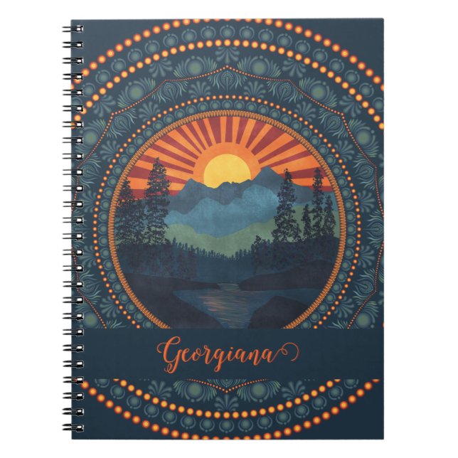 Personalised Vintage Wilderness Sunset Dot Mandala Notebook (Front)