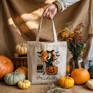 Personalised Vintage Witch on Pumpkin Cauldron     Tote Bag