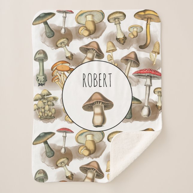 Personalised Vintage Woodland Forest Mushrooms Sherpa Blanket (Front)