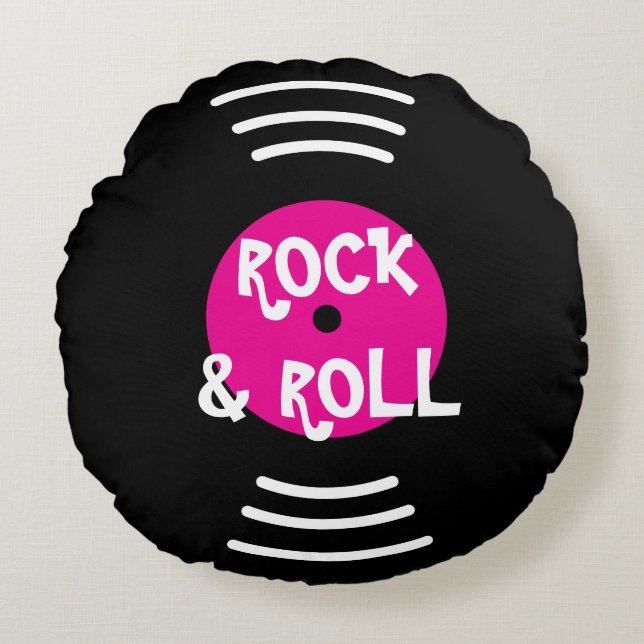 Personalised vinyl rock & roll music record round cushion (Front)