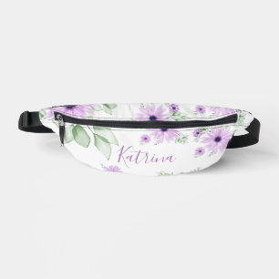 Personalised Violet Green, Watercolor Flowers Bum Bags