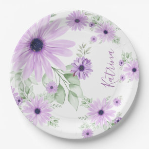Personalised Violet Green, Watercolor Flowers Paper Plate