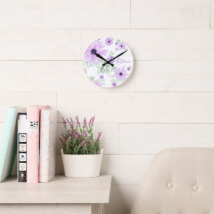 Personalised Violet Green, Watercolor Flowers Round Clock