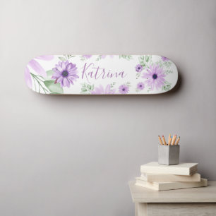 Personalised Violet Green Watercolor Flowers  Skateboard