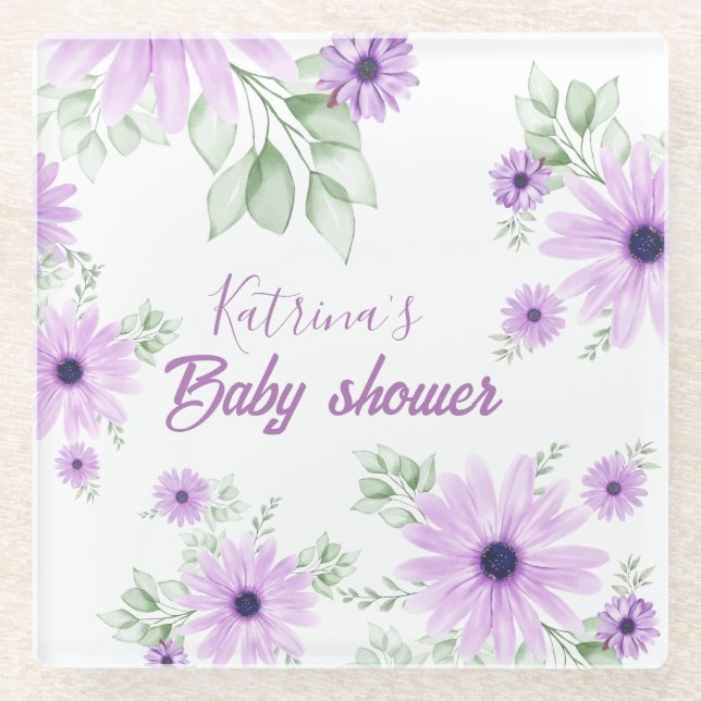 Personalised Violet Watercolor Flowers Baby Shower Glass Coaster (Front)