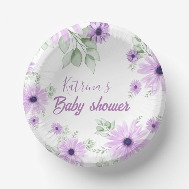 Personalised Violet Watercolor Flowers Paper Plate (Front)