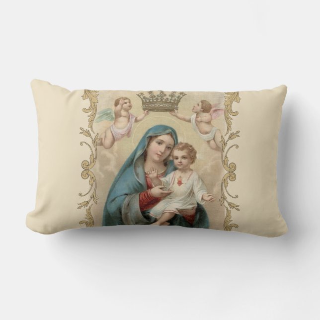 Personalised Virgin Mary Baby Jesus Gold Decor Lumbar Cushion (Front)