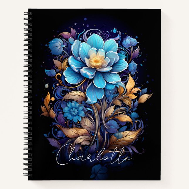 Personalised Vivid Blue Flower with Name Notebook (Front)