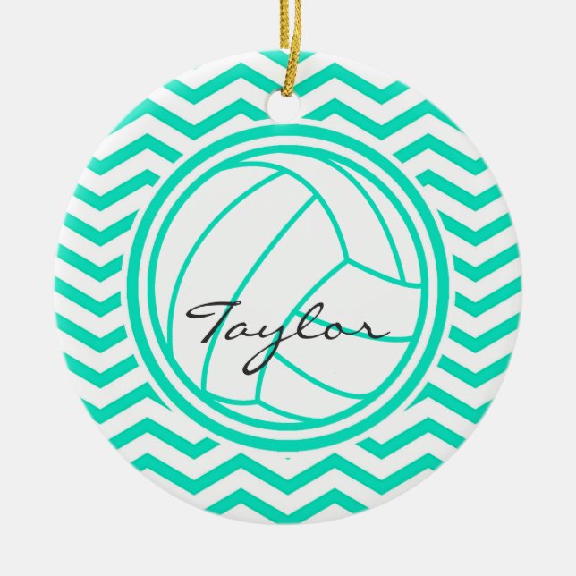 Personalised Volleyball; Aqua Green Chevron Ceramic Tree Decoration (Front)