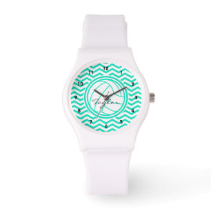 Personalised Volleyball; Aqua Green Chevron Watch