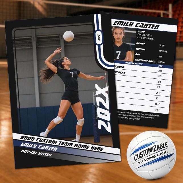 Personalised Volleyball Trading Card Blue Black (Personalized Blue, Black & White Volleyball Trading Card – Add Your Name & Photo)
