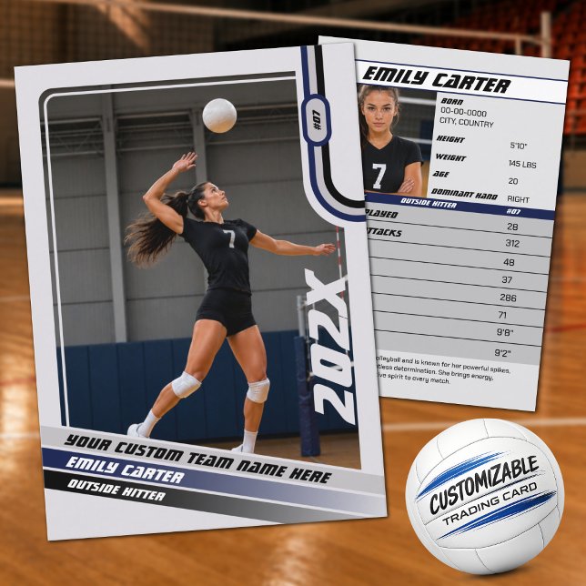 Personalised Volleyball Trading Card Blue Grey (Personalized Blue, Gray & White Volleyball Trading Card – Add Your Name & Photo)
