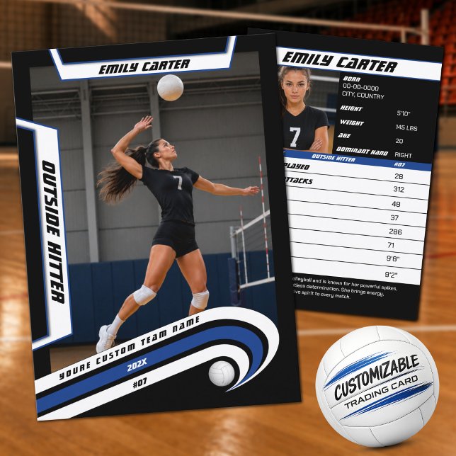 Personalised Volleyball Trading Card Blue White (Custom Blue, White & Black Volleyball Trading Card – Add Your Photo & Stats)