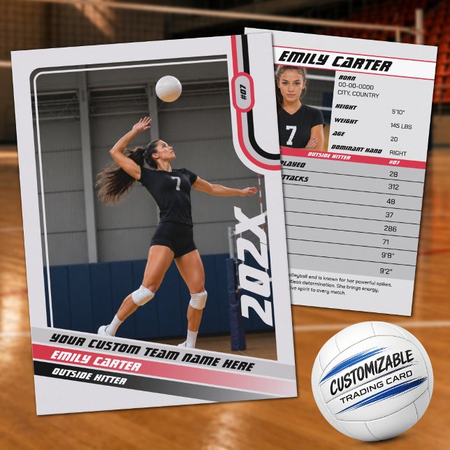 Personalised Volleyball Trading Card Red Grey (Bold Red, Gray & White Volleyball Trading Card – Fully Customizable)