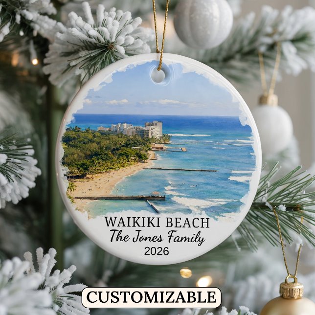 Personalised Waikiki Beach Ornament, Custom Hawaii Ceramic Tree Decoration (Creator Uploaded)