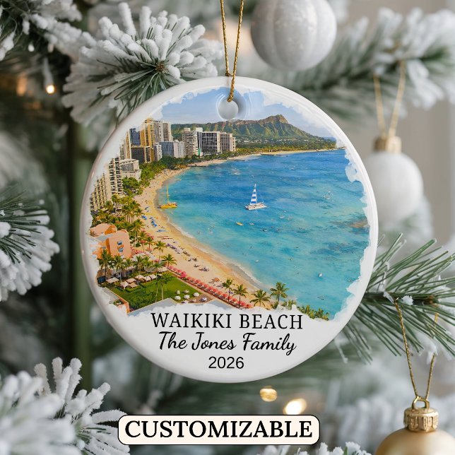 Personalised Waikiki Beach Ornament, Custom Hawaii Ceramic Tree Decoration (Creator Uploaded)