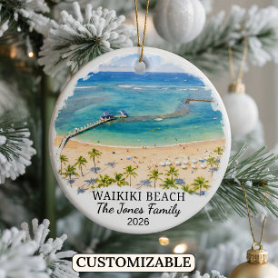 Personalised Waikiki Beach Ornament, Custom Hawaii Ceramic Tree Decoration