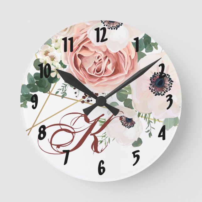 Personalised Wall Clock Geometric Garden Rose Anem (Front)