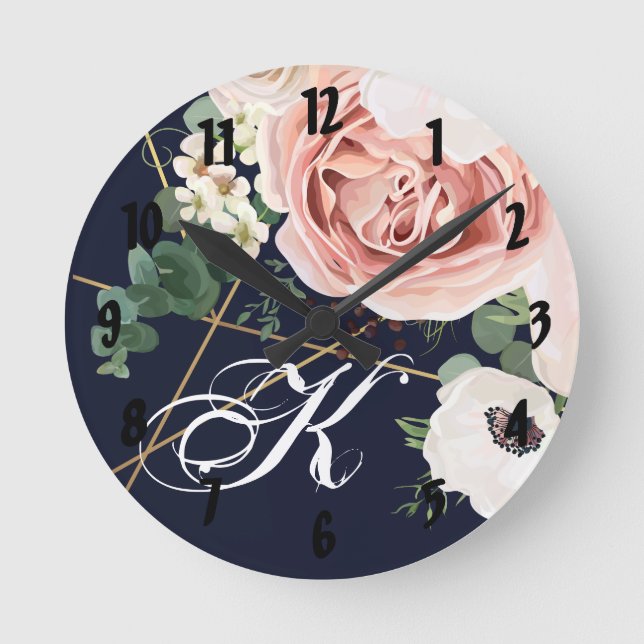 Personalised Wall Clock Geometric Garden Rose Navy (Front)