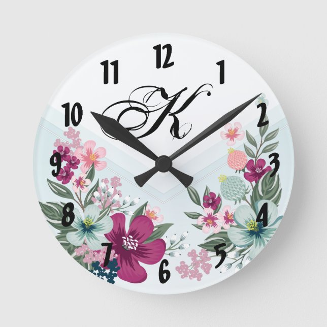 Personalised Wall Clock Tropical Flower on Blue Om (Front)