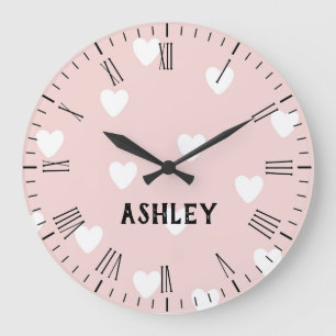 Personalised Wall Clock White Hearts on Pink