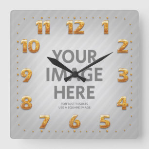 Personalised Wall Clocks Square Photo Gold Numbers