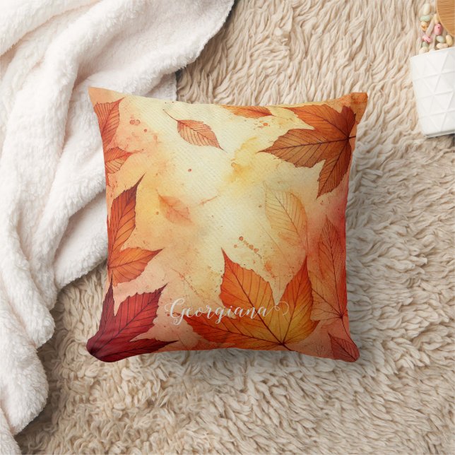 Personalised Warm Autumnal Watercolor Leaves Cushion (Blanket)