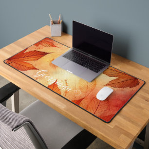 Personalised Warm Autumnal Watercolor Leaves Desk Mat