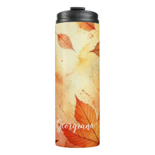 Personalised Warm Autumnal Watercolor Leaves Thermal Tumbler