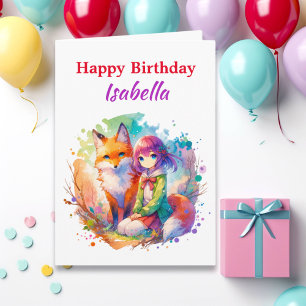 Personalised Watercolor Anime Girl Fox Birthday Card