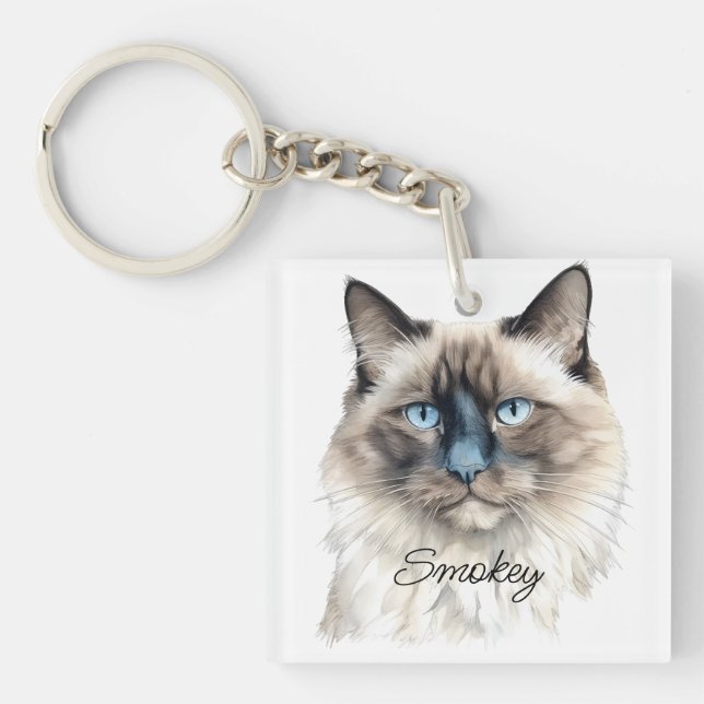Personalised Watercolor Balinese Pet Photo Name on Key Ring (Front)