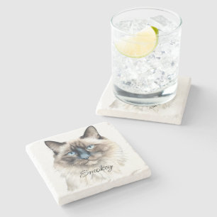 Personalised Watercolor Balinese Pet Photo Name on Stone Coaster