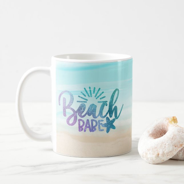 Personalised Watercolor Beach Babe Glitter Coffee Mug (With Donut)