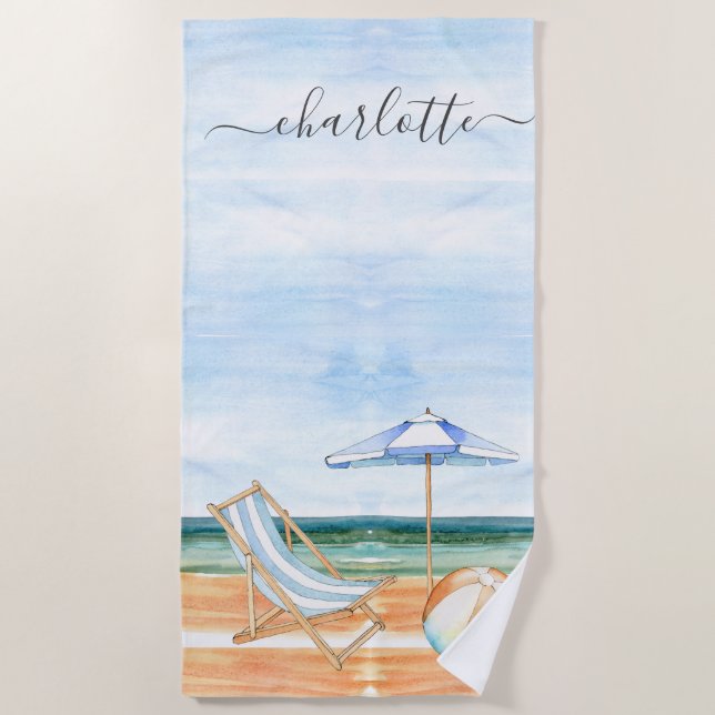 Personalised Watercolor Beach Chair Ball Umbrella Towel (Front)
