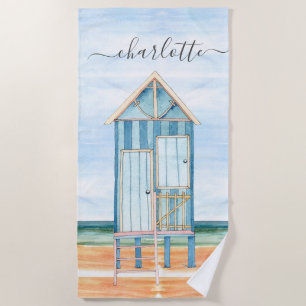 Personalised Watercolor Beach Hut  Beach Towel