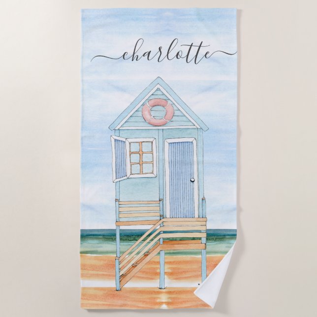 Personalised Watercolor Beach Hut  Beach Towel (Front)