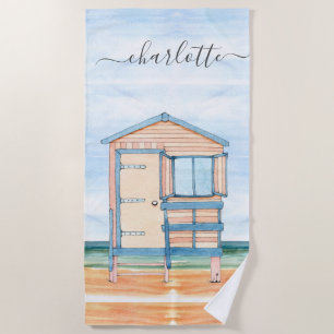 Personalised Watercolor Beach Hut  Towel
