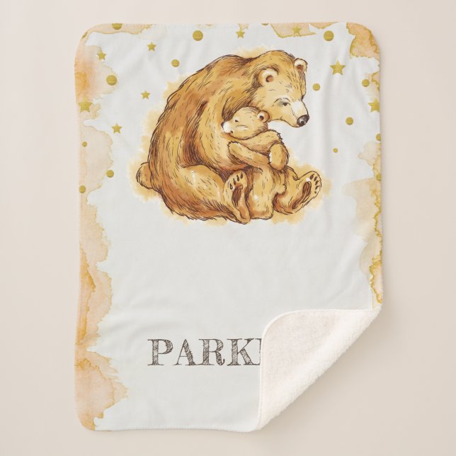 Personalised Watercolor Bear Nursery Sherpa Blanket (Front)