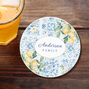 Personalised Watercolor Blue Italian Tile Lemon Coaster