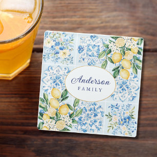 Personalised Watercolor Blue Italian Tile Lemon Glass Coaster