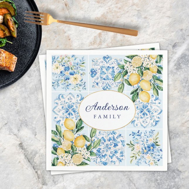 Personalised Watercolor Blue Italian Tile Lemon Napkin (In situ)