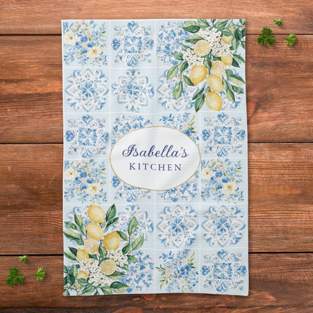 Personalised Watercolor Blue Italian Tile Lemon  Tea Towel (Close up)